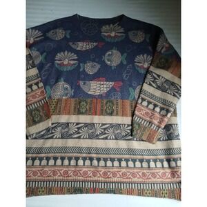 Yesno Sweater XXL Womens Wool Blend Fish Printed Bohemian Boho Pullover Crew
